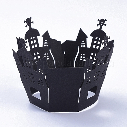 城のハロウィーンのカップケーキラッパー  レーザーカット紙ライナーホルダー  ハロウィンパーティーの結婚式の誕生日の装飾のために  ブラック  8.5x19.5x0.03cm CON-G010-D02-1