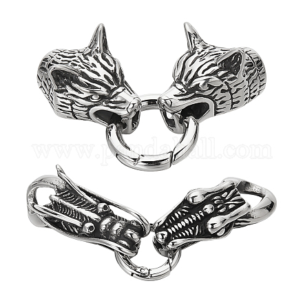 UNICRAFTALE 2 Sets 2 Styles 304 Stainless Steel Spring Gate Rings Tibetan Style O Rings Antique Silver Wolf Head Rings Dragon Head Rings Cord Ends Clasps Leather Bracelet Making for Jewelry Making STAS-UN0041-77-1