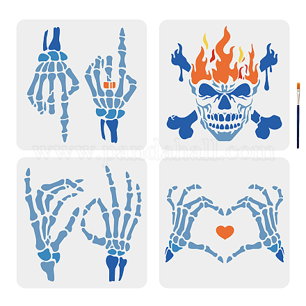 MAYJOYDIY Skeleton Hand Stencil Skeleton Finger Stencil Heart Skeleton Rock Hand with Ring Pattern Reusable Halloween Template 11.8×11.8inch with Paint Brush Painting on Wall Wood Glass DIY-MA0001-28A-1