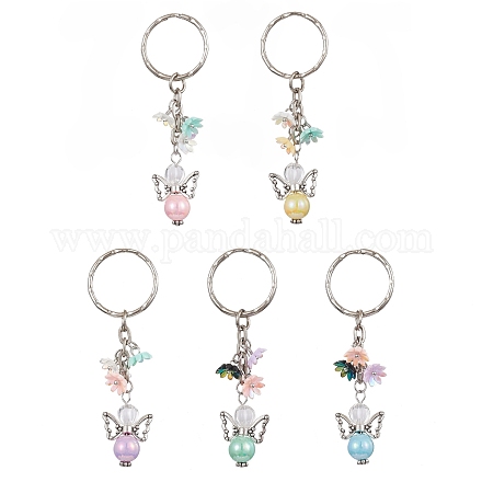 Porte-clés en perles acryliques ange avec breloques en résine opaque à fleurs KEYC-JKC00533-1
