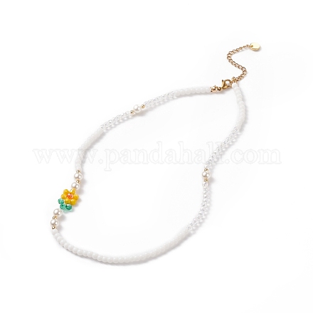 Handmade Millefiori Glass Flower & Shell Pearl Beaded Necklace for Women NJEW-TA00039-1