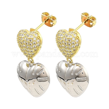 Rack Plating Brass Heart Dangle Stud Earrings with Cubic Zirconia EJEW-D069-06GP-1