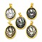 Natural Black Lip Shell Carved Nine Tailed Fox Pendants, Rack Plating Brass Oval Charms, Golden, 25x17x3.5mm, Hole: 3.5x5mm