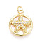 Brass Micro Pave Clear Cubic Zirconia Pendants, with Shell, Flat Round with Starfish, with Jump Ring, Real 18K Gold Plated, 18x15x4mm, Hole: 3.5mm