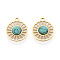 Synthetic Turquoise Flat Round Charms, with 304 Stainless Steel Hollow Settings, Real 14K Gold Plated, 11.5x10x2.5~3mm, Hole: 1mm