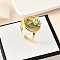 Brass Enamel Cuff Rings, with Natural Freshwater Pearl, Real 18K Gold Plated, Flat Round with Flower, Orange, Inner Diameter: Adjustable