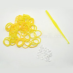 (Defective Closeout Sale), Dyed Rubber Bands Refills, with Tool and Plastic S-Clips, Yellow, Hook: 80x6x3mm, Tool: 25x54x7mm, Clip: 11x6x2mm, Band: 6x1mm, about 260pcs/bag