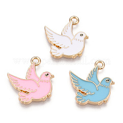Pendentifs d'oiseaux en émail d'alliage, Sans cadmium & sans nickel & sans plomb, or clair, colombe de la paix, couleur mixte, 20x18x2mm, Trou: 1.6mm