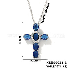 Collar con colgante de cruz religiosa de circonita cúbica pavé de latón, Joyas de estilo occidental para mujeres y hombres., Platino, azul, 15.75 pulgada (40 cm)