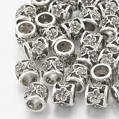 Abalorios de aleación de estilo tibetano, Abalorios de grande agujero, columna con flor, plata antigua, 10x9mm, agujero: 6 mm