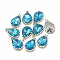 Legierung Glas Anhänger / charms, facettiert, Träne, Platin Farbe, Deep-Sky-blau, 14.5x9x5 mm, Bohrung: 1.5 mm