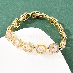 Bracelets carrés en laiton sertis de micro-pavés de zircon cubique transparent et de maillons en verre&nbsp;BJEW-T025-04G-04