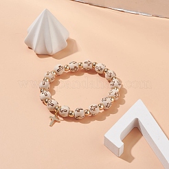 Bracciale elastico con perline in legno ed ematite sintetica con ciondoli a croce in ottone&nbsp;BJEW-JB08488