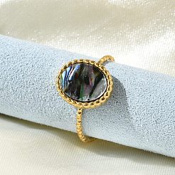 Anillos de puño ovalados de concha de paua de acero inoxidable 304 para mujer&nbsp;RJEW-G346-07G-01