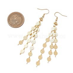 Boucles d'oreilles pendantes plates rondes en laiton avec chaîne à maillons et pompon à motif soleil&nbsp;EJEW-JE06928