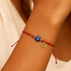 Bracelets faits main ajustables en verre bleu œil protecteur avec perles tressées et pendentif main de Hamsa en acier inoxydable&nbsp;KO5639-2