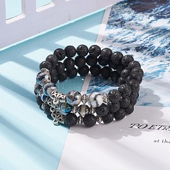 Bracciale elasticizzato in pietra lavica naturale e agata tibetana in stile 3 pz 3 con tubo in lega di perline&nbsp;BJEW-JB08322