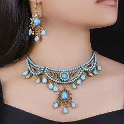 Ethno-Stil Legierung Strass & Synthese Türkis Ohrringe & Halsketten Sets für Frauen&nbsp;FS-WG42FFB-01