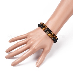 Set di 2 braccialetti elastici in pietra mista naturale e ottone con zirconi cubici per donna uomo&nbsp;BJEW-JB08942
