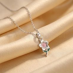 Colliers pendentifs en acier inoxydable 304 émaillé rose en forme de fleur pour femmes&nbsp;WGD8704-01