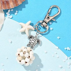 Decorazioni pendenti rotonde con stelle marine e turchese sintetico&nbsp;HJEW-JM03276
