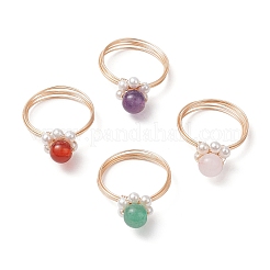 Runde natürliche Rosenquarz & grüner Aventurin & Amethyst & Karneol & Muschelkernperlen Fingerringe&nbsp;RJEW-TA00180