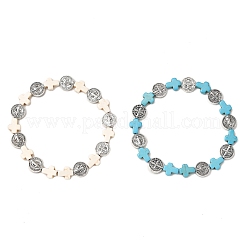 2 bracelet extensible en perles rondes plates en alliage et turquoise synthétique teintées de 2 couleurs pour hommes et femmes&nbsp;BJEW-JB12282