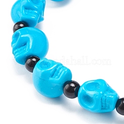 Crâne de jade mashan naturel et bracelet extensible en perles turquoise synthétique (teint)&nbsp;BJEW-JB08377-04