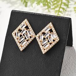 Pendientes de botón con micro pavé de latón y circonita cúbica transparente en forma de rombo para mujer&nbsp;EJEW-G428-05G