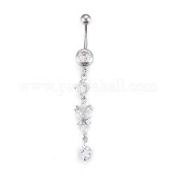 Piercing Jewelry, Brass Cubic Zirciona Navel Ring, Belly Rings, with 304 Stainless Steel Bar, Platinum, 62mm, Bar: 15 Gauge(1.5mm), Bar Length: 3/8