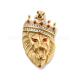 Ion Plating(IP) 304 Stainless Steel Pendants, with Rhinestone, Lion with Crown, Golden, 44x27.5x10.5mm, Hole: 4x8mm