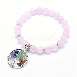 Bracelets stretch avec breloque en quartz rose naturel, avec des pendentifs en alliage, rond et plat avec un arbre, 2-1/4 pouces (56 mm)