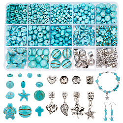 Arricraft kit de búsqueda de joyería DIY, Incluyendo perlas sintéticas de color turquesa, Abalorios europeos de aleación, disco y rondelle y patatas fritas y estrella de mar y corazón y hoja, turquesa