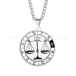 Unisex 201 Stainless Steel Constellation Pendant Necklaces, with Curb Chains, Laser Engraved Pattern, Flat Round, Libra, 13.19 inch(335mm) 