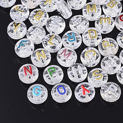 Transparent Acrylic Beads, with Glitter Powder, Horizontal Hole, Flat Round with Letter, Mixed Color, 9.5x6mm, Hole: 2mm