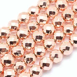 Electroplate Non-magnetic Synthetic Hematite Beads Strands, Grade AAA, Long-Lasting Plated, Faceted, Round, Rose Gold Plated, 4mm, Hole: 1mm, about 97pcs/strand, 15 inch