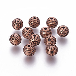 Perles en alliage de zinc de style tibétain, rond texturé, sans cadmium et sans plomb, cuivre rouge, 8mm, Trou: 1mm