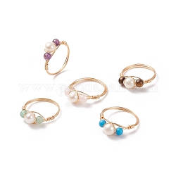 Geflochtener Fingerring aus Edelsteinen und natürlichen Perlen, hellvergoldeter Kupferdraht umwickelter Schmuck für Frauen, Innendurchmesser: 18.4~19 mm