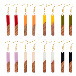 8 Pairs 8 Color Resin & Walnut Wood Dangle Earrings wih Iron Pins, Rectangle, Mixed Color, 77mm, 1 Pair/color