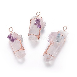 Gros pendentifs en cristal de quartz naturel, avec copeaux de pierre mixte et accessoires en laiton, pépites, or rose, 58~105x22~35mm, Trou: 5~12mm