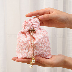 Sacchetti di caramelle con coulisse a fiori in rilievo in fibra, con catena, sacchetti di stoffa per caramelle nuziali, quadrato, roso, 15x15cm