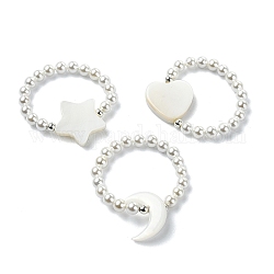 3Pcs 3 Style Natural Pearl & Shell Beaded Stretch Rings Set, Heart & Moon & Star Stackable Rings, WhiteSmoke, Inner Diameter: 19mm, 1Pc/style