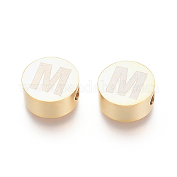 304 Stainless Steel Beads, Flat Round with Letter, Letter.M, 10x4.5mm, Hole: 2mm