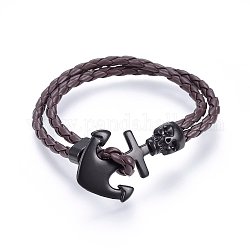 Плетеный кожаный шнур многожильных браслеты, с вощеной корда и низколегированных застежками, якорь с черепом, кокосового коричневый, 8-5/8 дюйм (22 см)