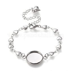 304 Stainless Steel Bracelet Making, with Lobster Claw Clasps, Heart Link Chains and Flat Round Cabochon Settings, Stainless Steel Color, Tray: 12mm, 6 inch(15.3cm)