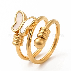 Ion Plating(IP) 304 Stainless Steel Wrap Finger Rings, Synthetic White Shell Butterfly Wide Band Rings for Women, Real 18K Gold Plated, Inner Diameter: 17mm, 7.5~18.5mm