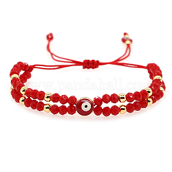 Bracelets de perles tressées en laiton émaillé mauvais œil et graines de verre, bracelet réglable, rouge, diamètre intérieur: 11 pouce (28 cm)