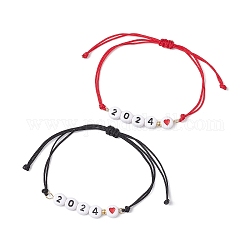2Pcs 2 Color Heart with Word 2024 Acrylic Braided Bead Bracelets Set, Nylon Adjustable Bracelets, Mixed Color, Inner Diameter: 2-1/8~3-1/2 inch(5.4~8.85cm), 1Pc/color