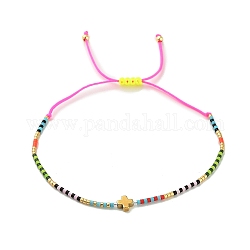 Bracelet de perles tressées en croix et graines de verre, bracelet réglable, perle rose, pas de taille