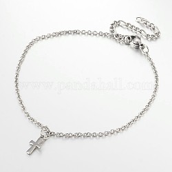 Cross Stainless Steel Anklets, with Lobster Clasps and End Chains, Stainless Steel Color, 230x2mm